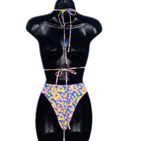 New Medium Floral Daisy Blue Print Triangle Bikini Halter Triangle Swimsuit Y2k - Picture 4 of 4